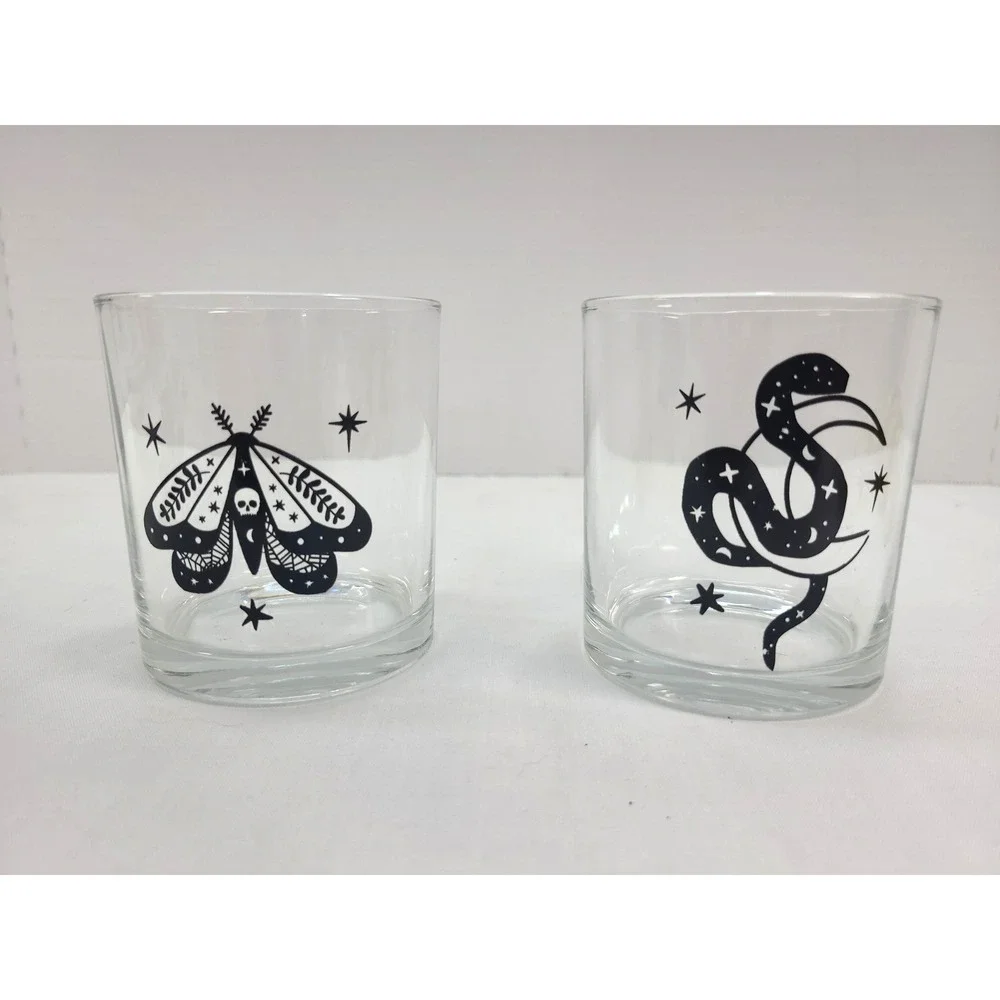 Whimsigoth Whiskey Glasses Set of‎ 2 Moth Serpent Moon